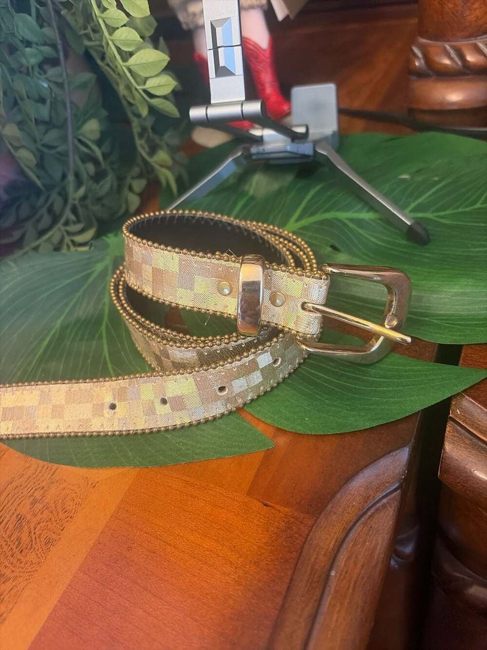 Vintage Gold Metallic Checkerboard Studded Western Style Belt Size L